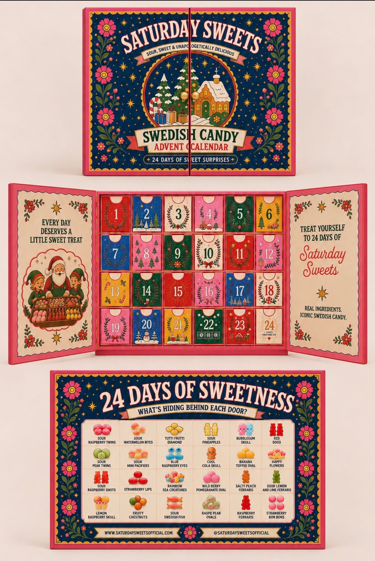 Three views of the Saturday Sweets Swedish Candy Advent Calendar: the closed navy folk-art box, the calendar opened to reveal 24 numbered drawers, and the back panel listing all 24 candy pieces