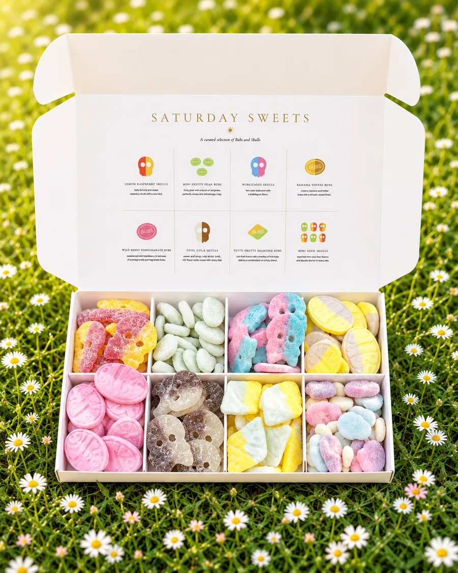 Open Saturday Sweets Bento box filled with colorful Swedish candy in a meadow of daisies