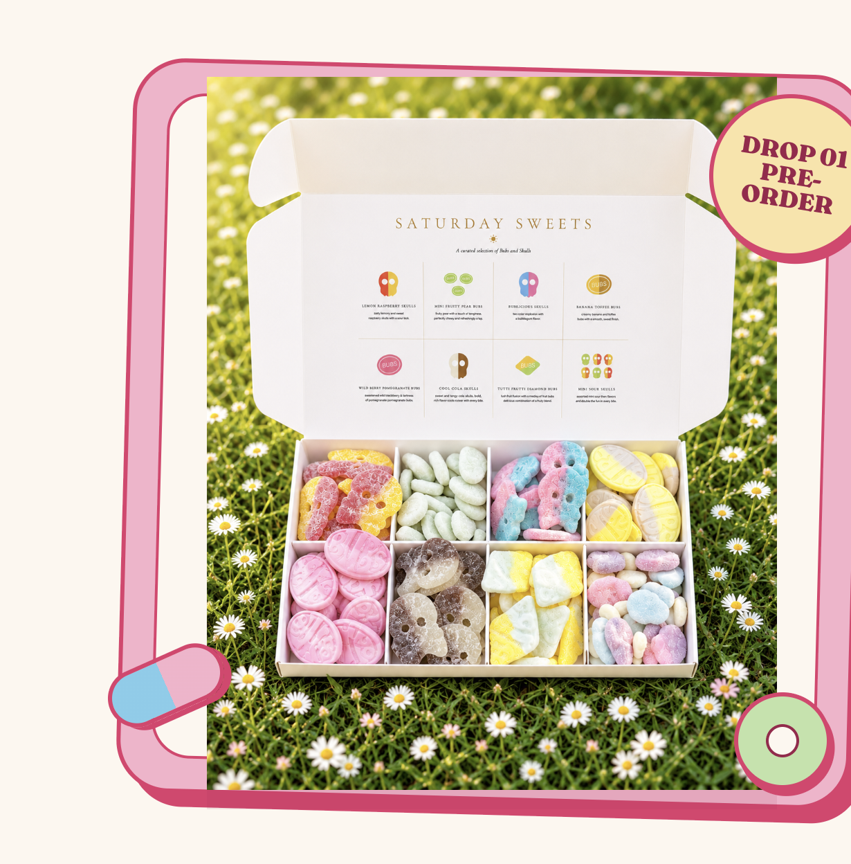 Open Saturday Sweets Bento box filled with colorful Swedish candy in a meadow of daisies