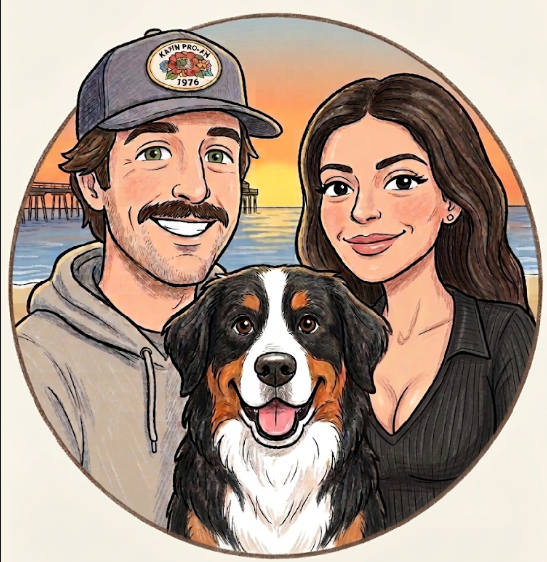 Illustrated portrait of Kyle, Nicole, and Ellie the Bernese Mountain Dog at the beach