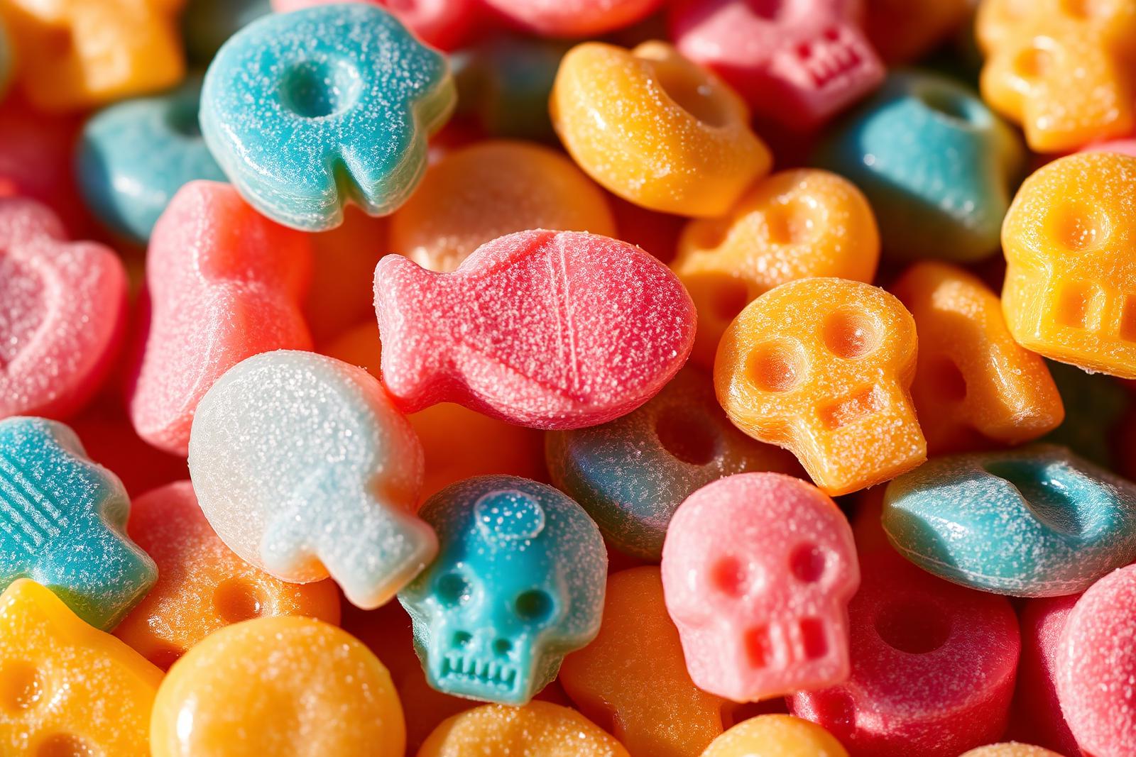 Macro shot of Swedish sugar-coated gummy candies